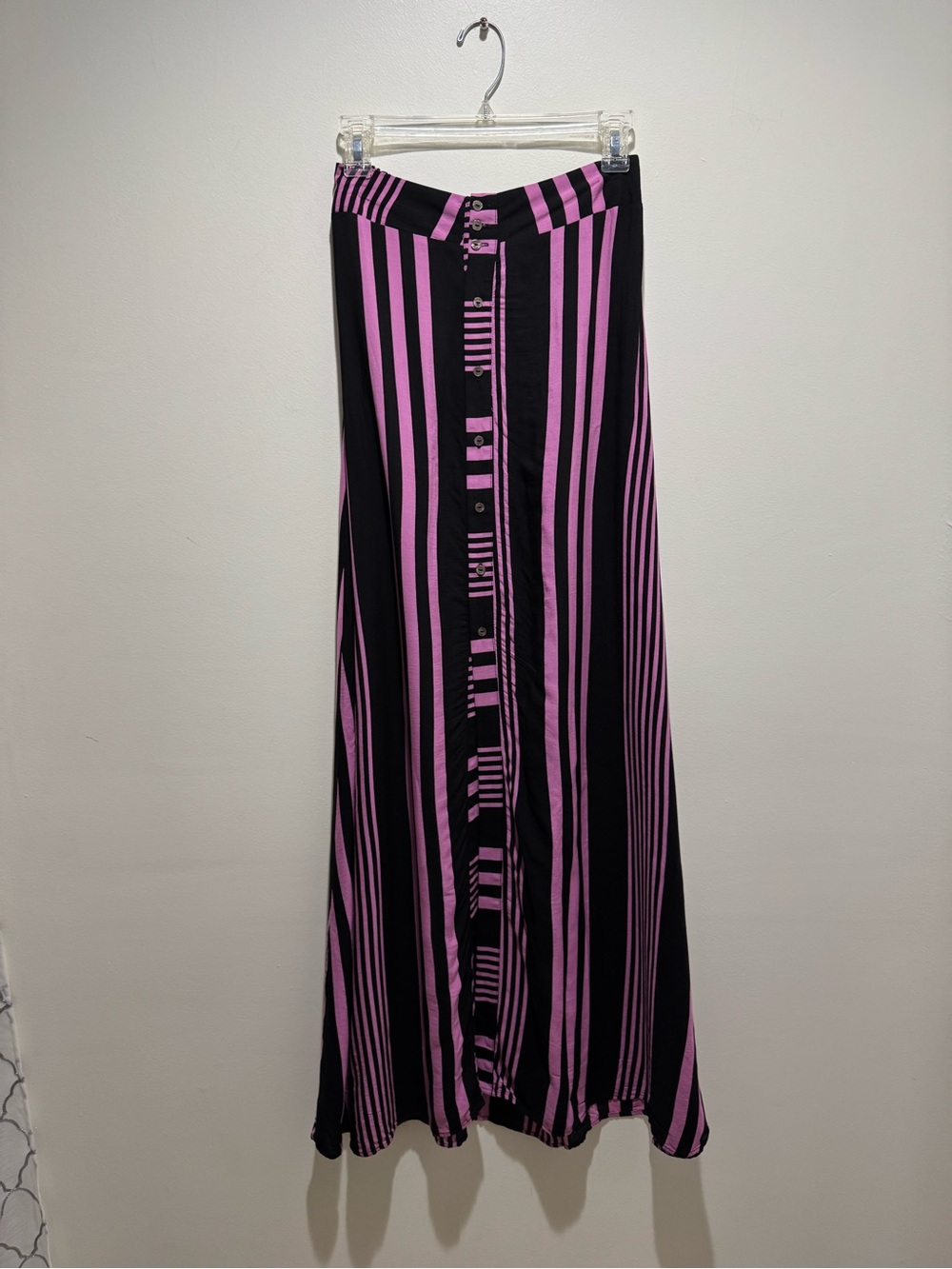 Maaji Pink Black Striped Button Front Maxi Skirt Size Medium - Picture 3 of 11